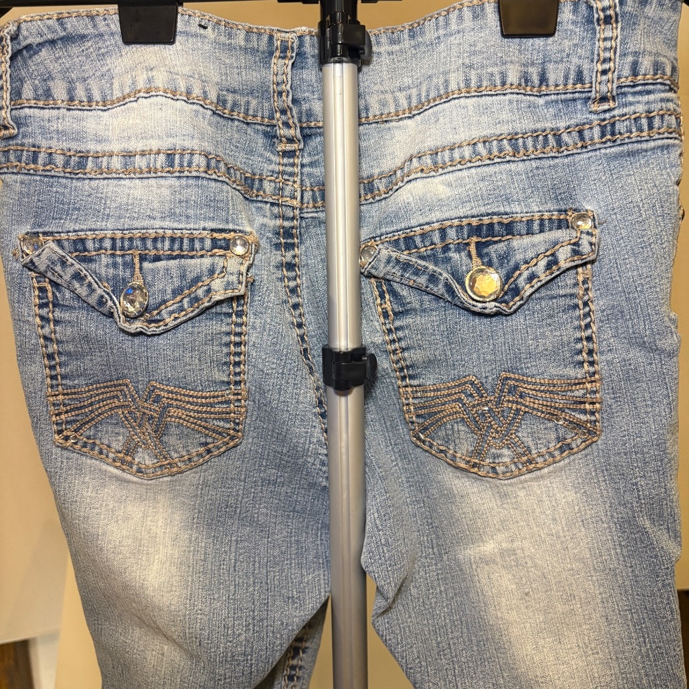VSK Jeans Size 12P Womens Crop Wash Blue Denim Embellished Y2K